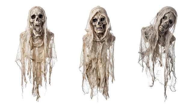 Three spooky ghost figures with screaming skeleton faces for Halloween