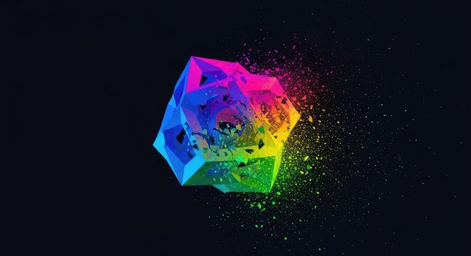 Abstract digital rendering showing a complex geometric structure disintegrating into randomized dust particles against a dark, featureless backdrop, atom, empty, disintegration