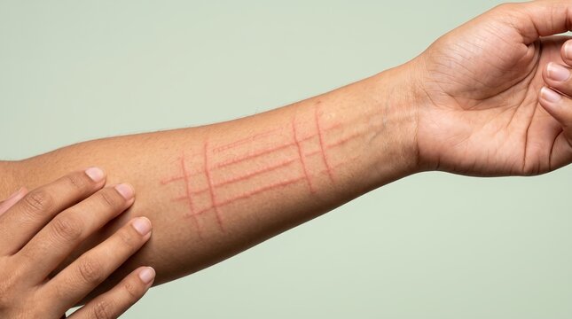 Close up view of red raised scratch lines on forearm skin showing dermographism