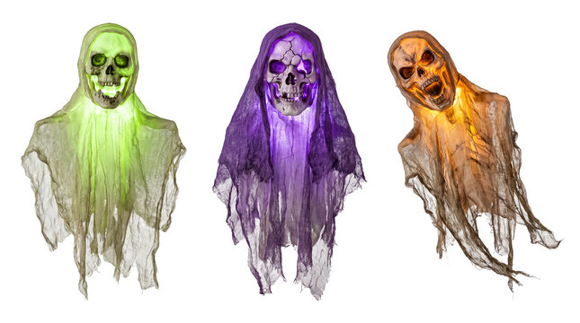 Three glowing Halloween ghosts with colorful lights on transparent