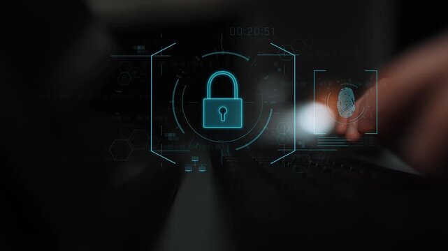 Digital cyber security lock system highlighting data security encryption, cyber password protection, fingerprint ID, cloud storage safety, and cyber security for online access Marrow