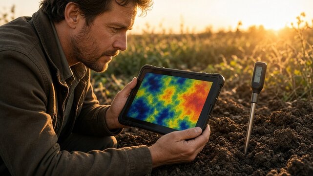 Agronomist comparing AI soil map to probe reading