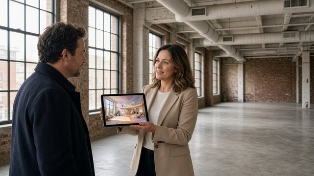 Agent touring loft with AI renovation preview tablet