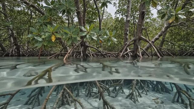 Mangrove Roots: A split-level view reveals the intricate network of mangrove roots submerged in clear shallow water, with vibrant green foliage above the waterline.