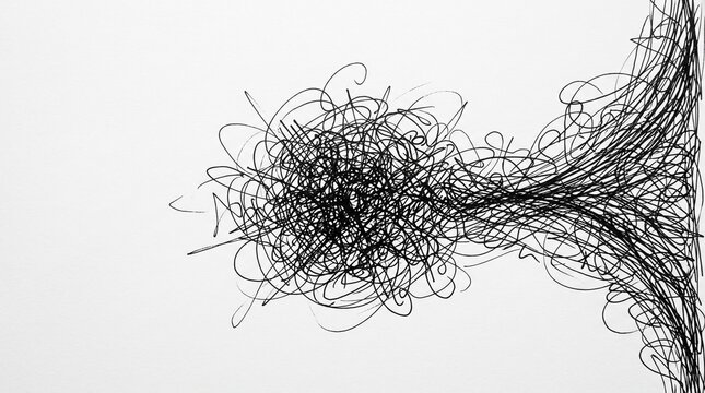 Abstract black hand drawn scribble lines forming a dense chaotic ink knot on the right side