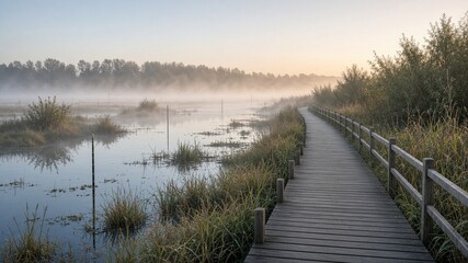Obraz premium Riverine wetland boardwalk with monitoring stakes