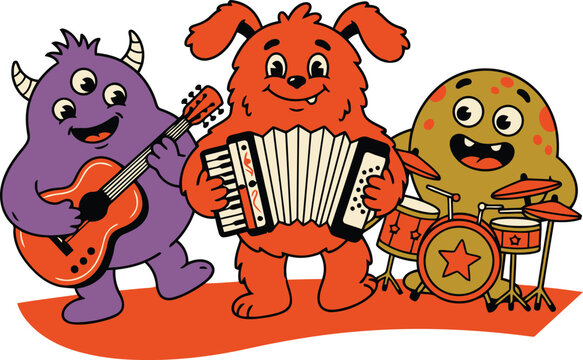 Cute Fluffy Monster Band Playing Accordion and Musical Instruments Vector Clipart