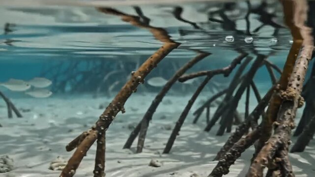 Mangrove Roots Ecosystem: A unique underwater view of tangled mangrove roots, revealing a vibrant aquatic ecosystem with small fish swimming in clear turquoise water.