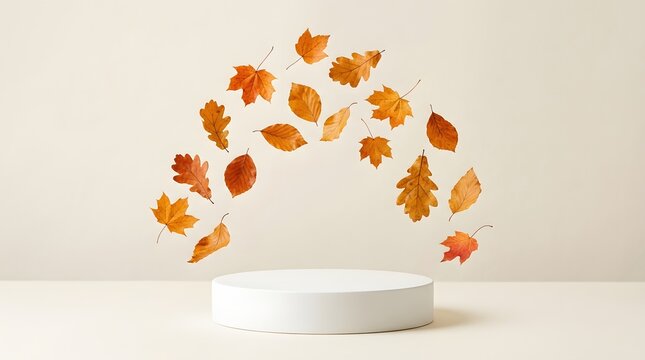 White product display podium with falling autumn leaves isolated on white background