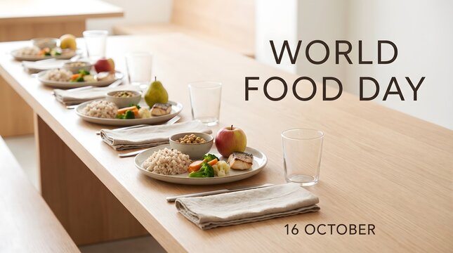Multiple plates of healthy food, including whole grains, vegetables, and fruit, are neatly set on a long wooden table with 'World Food Day 16 October' text, suggesting a communal meal.