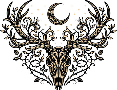 Gothic Deer Skull with Crescent Moon and Floral Vine Horns Esoteric Vector Design