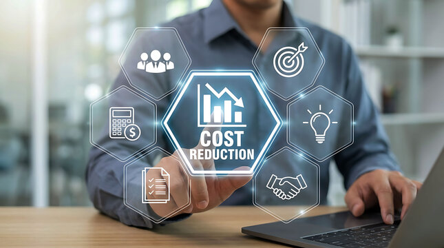 Businessman touching digital screen with cost reduction icons in modern office