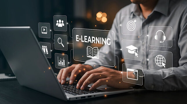 Man using laptop with digital icons for e-learning, online education and skills