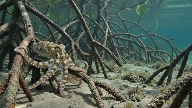 Octopus Among Mangrove Roots: An octopus clings to submerged mangrove roots, its tentacles intertwined with the woody structure in a shallow coastal ecosystem, showcasing marine life and habitat.