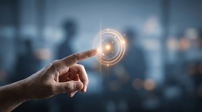 Digital target icon with glowing concentric circles being touched by human finger in professional business setting representing precision focus and strategic goal setting for corporate growth