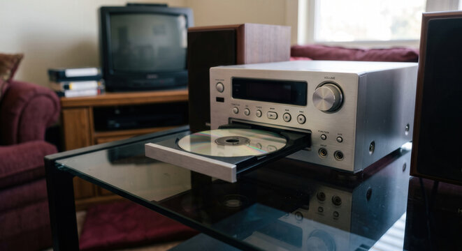 CD Stereo with an Open Disc Tray in a Retro Living Room