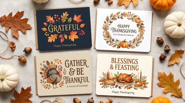 Thanksgiving greeting cards with autumn leaves, pumpkins, and turkey