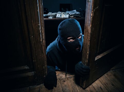Masked intruder peeking through wooden door at stacks of cash in room