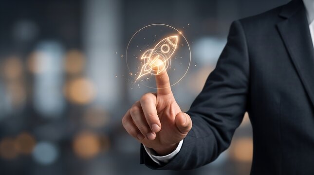 Golden rocket ship hologram being touched by finger representing business acceleration and startup success in modern corporate technology environment with soft blurred background
