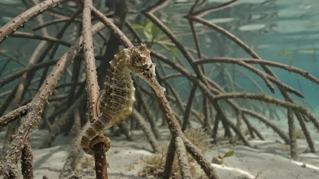 Seahorse Amidst Mangrove Roots: A delicate seahorse clings to submerged mangrove roots in a shallow coastal waters, showcasing the intricate beauty of this unique aquatic habitat.