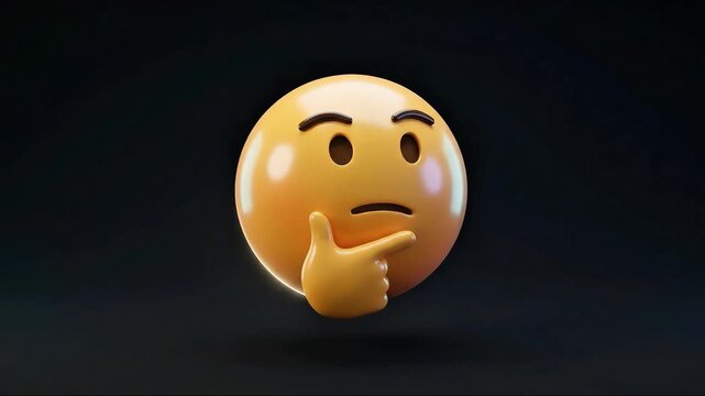 Thinking yellow emoji face with hand on chin on a black background contemplative expression pondering thought
