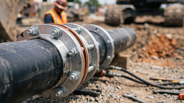 Industrial black pipeline with robust metal couplings and bolts being installed at an outdoor construction site