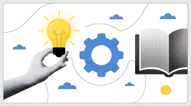 Conceptual illustration showing a hand holding a glowing lightbulb next to a gear and an open book