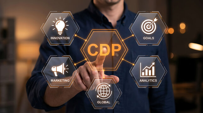 Businessman interacting with a futuristic CDP data platform interface display