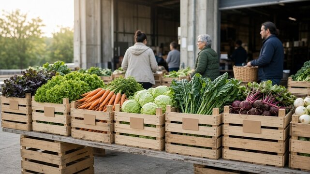 Community CSA pickup table with labeled crate stacks