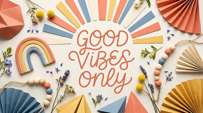 Good Vibes Only text surrounded by paper fans, wooden beads, and dried flowers on a white background
