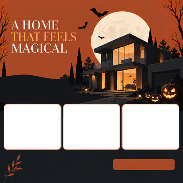 Modern luxury house at night under full moon with halloween pumpkin decorations on dark orange