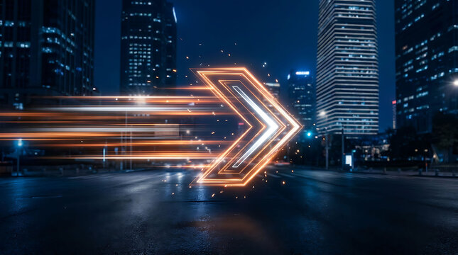 Glowing futuristic light arrow speeding forward on a city street at night