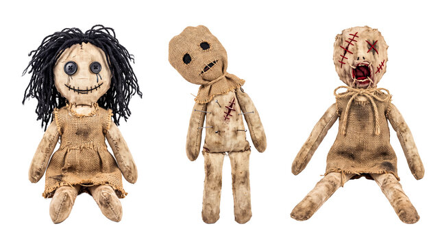 Three eerie stitched burlap voodoo dolls on transparent design