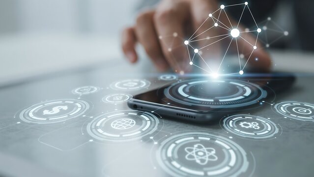 Fingertip interacts with glowing digital network overlaying smartphone during innovation concept