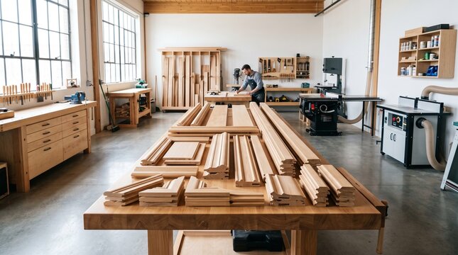 Craftsman diligently working on fine finish carpentry for intricate door casing in a professional woodworking shop