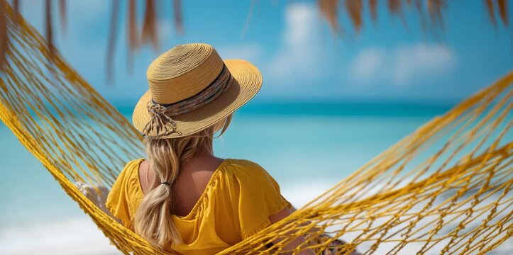 Young woman with a straw hat relaxing in a hammock and enjoying the view of a turquoise ocean
