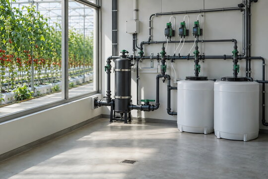 Smart agriculture nutrition unit, Automatic nutrient dosing and irrigation control room beside tomato greenhouse