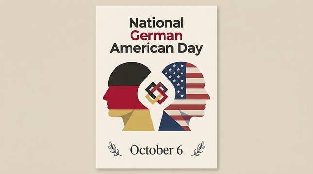 National German American Day poster, October 6 celebration graphic with flag silhouettes, cultural heritage event design with profile heads