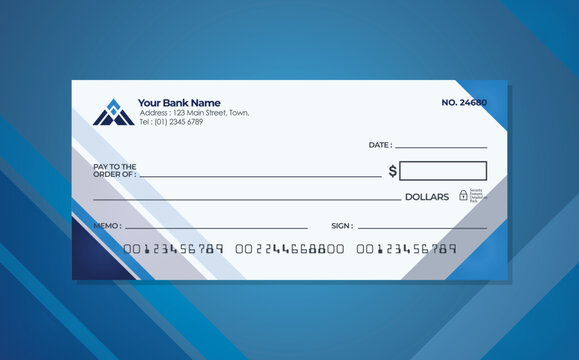 Blank bank check. Checkbook cheque template. Checkbook cheque template with blue color theme. Money payment voucher or pay cash cheque certificate.