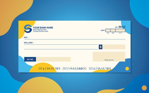 Blank bank check. Checkbook cheque template. Checkbook cheque template with blue and yellow color theme. Money payment voucher or pay cash cheque certificate.