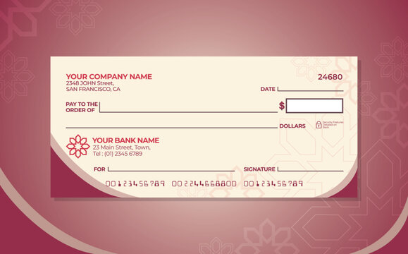Blank bank check. Checkbook cheque template. Checkbook cheque template with red color theme. Money payment voucher or pay cash cheque certificate.