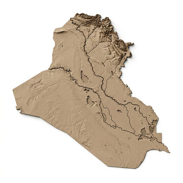 Detailed topographic 3d relief map of iraq showing terrain elevation and major river systems isolated on white