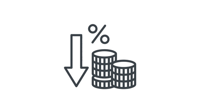 Minimalist vector illustration showing downward pointing arrow beside coin stacks with percentage symbol for financial loss on white background