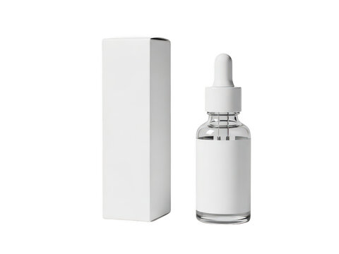 Glass dropper bottle with blank box for cosmetic product isolated on transparent background