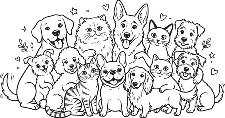 Fototapeta premium Group of cute dogs and cats sitting together as a happy animal family in a black and white line art