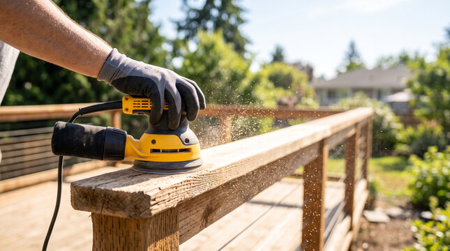 Gloved Hand Sanding Wooden Deck Railing with Power Tool for Outdoor Painting Preparation