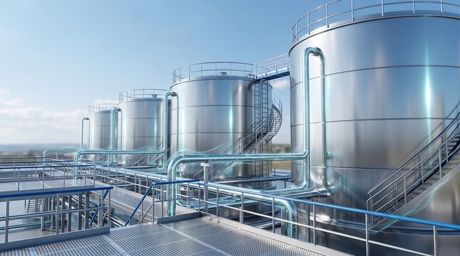 Close up of industrial stainless steel storage tanks with interconnected pipe networks and glowing data transmission lines representing chemical or fuel processing plants