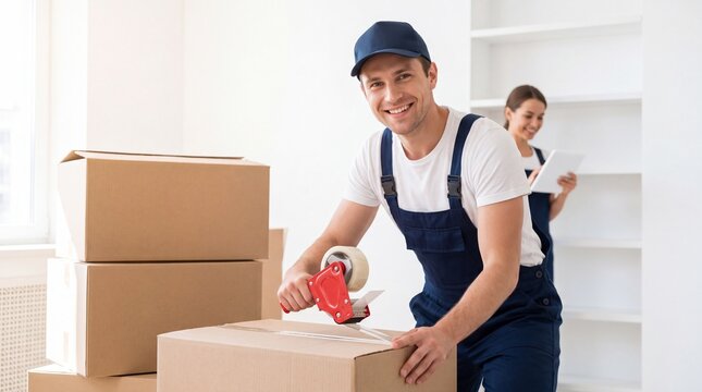 Professional male and female movers packing cardboard boxes in a new apartment during relocation process