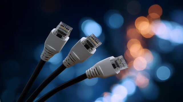 Close-up of Ethernet cables with blurred city lights background