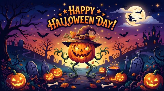 Happy Halloween Day Background with Pumpkin Monster Vector Design, Spooky Jack O Lantern Character. Scary Holiday Illustration for Party Invitations, Posters and Seasonal Marketing